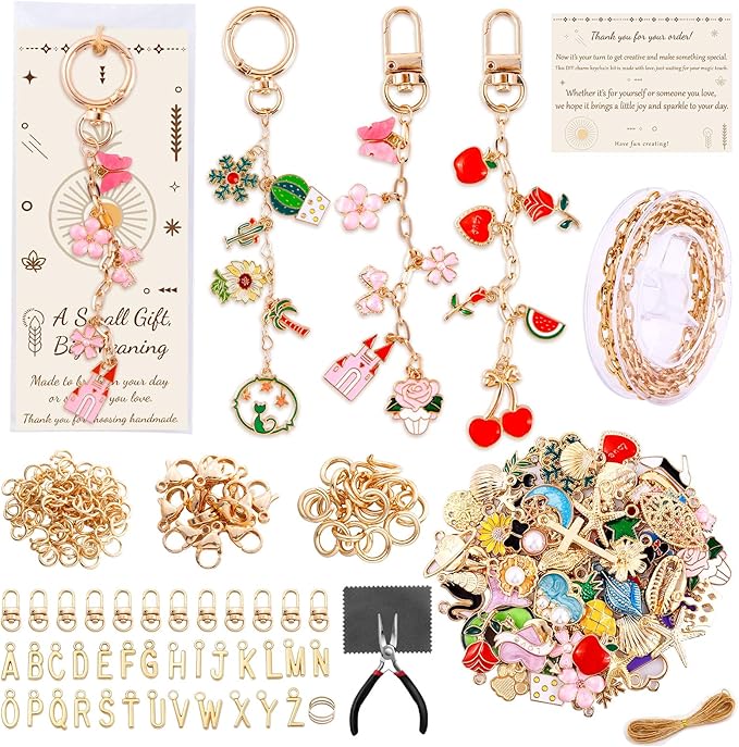 TOHONGADON 285 Pcs Keychain Making Kit, Bag Charm Kit with 92 Charms, 22 Keychain Clips, Key Ring Jewelry Plier, Extender Chain, Letter Beads for DIY Crafting and Jewelry Making