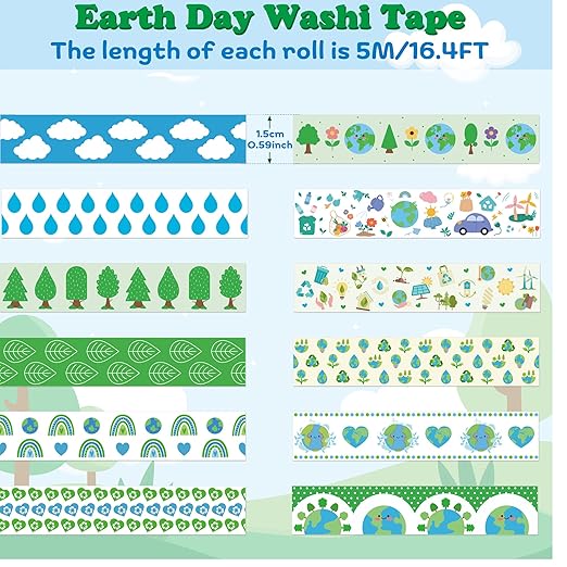 Earth Day Washi Tape - 12 Rolls Eco-Friendly Tree Raindrop Rainbow Scrapbook Washi Masking Decorative DIY Crafts Tape Set School Office Teacher Scrapbooking Junk Journal Journaling Supplies
