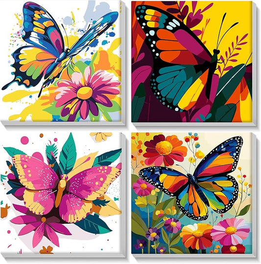 Lxmsja 4 Pack Butterfly Bloom Paint by Numbers Kit for Adults, Easy Framed Paint by Numbers for Adults Beginner, DIY Acrylic Oil Painting Craft Kits for Home Wall Decor 8x8 inch