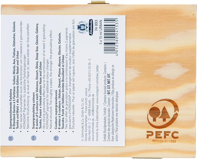 Schmincke - HORADAM® AQUARELL, Super Granulation Set Urban, 5 x 15 ml tubes, 74 893 097, wooden box, very strong granulating shades, finest, super granulating watercolors