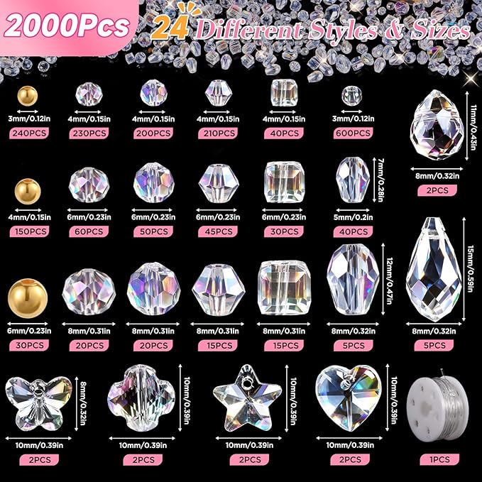 Zefy 2000+ Pcs Crystal Glass Beads for Jewelry Making, 24 Styles 3-15mm Assorted Faceted Craft Bead Kit for DIY Bracelet Necklace Earring Suncatcher (Clear AB Color)