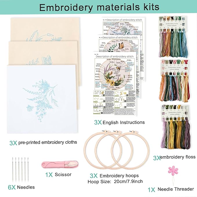 reewisly 3ps embroidery starter kit patterns, diy adult cross stitch kits beginner, including 3 plastic embroidery rings, 1 scissors, colored threads,needles and instructions