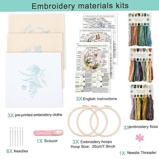 reewisly 3ps embroidery starter kit patterns, diy adult cross stitch kits beginner, including 3 plastic embroidery rings, 1 scissors, colored threads,needles and instructions