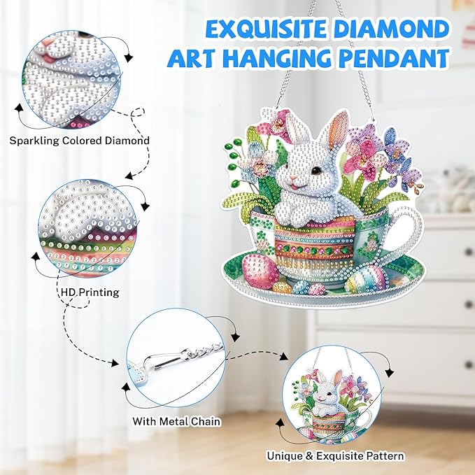 Bowetile Easter Hanging Diamond Art Kits for Adults Kids, 5D Special Shape Diamond Painting Rabbit Kits, Easter Diamond Gem Art Suncatchers Painting Pendant Home Decor, Gifts for Kids