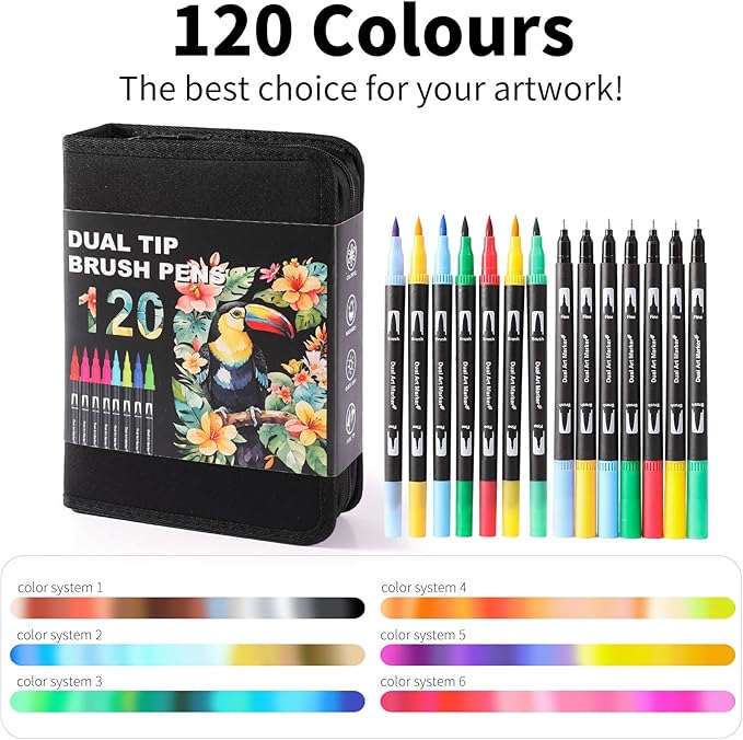 Dual Tip Markers, Brush Art Markers Set with Fine Tip and Brush Tip for Adult Coloring Book, Hand Lettering, Calligraphy & Drawing, Professional Art Supplies Kit for Adults (120 Colors)