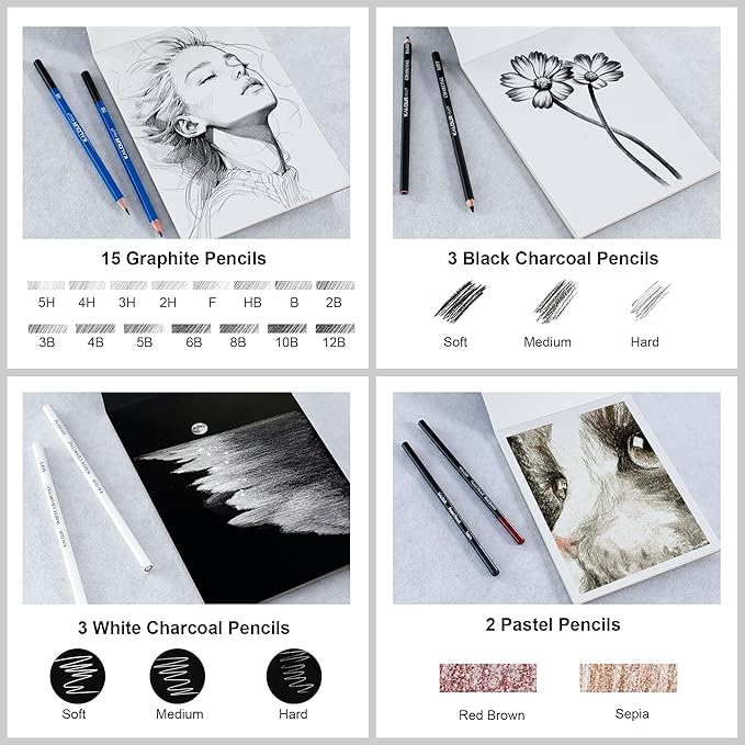 KALOUR 140 Drawing Set Sketching Kit,Art Supplies with 3-color Sketchbook & Coloring Paper,Include Tutorial, Colored, Graphite, Charcoal, Watercolor & Metallic Pencil,for Artists Adults Teens Beginner