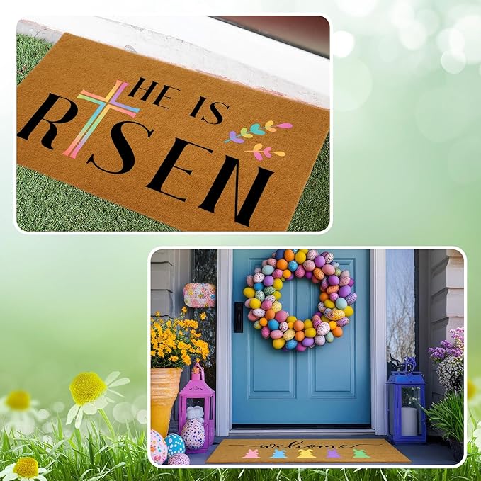 Chunful 3 Set Easter Blank Door Mats for Crafting 3 Pcs 17" x 30" Plain Doormat for Painting with 16 Reusable Easter Stencils Painting Tools for DIY Crafting Bunny Party Decor