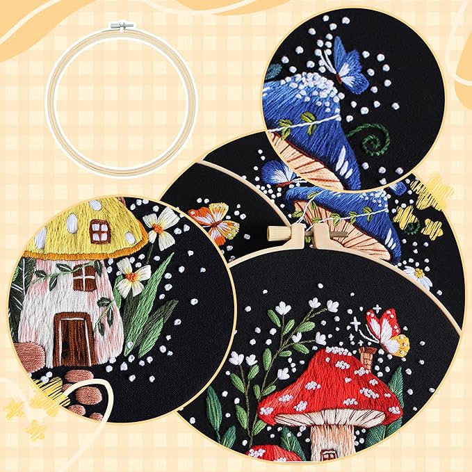 useamie 3 pack embroidery kit with botanical and floral classic prints, embroidery fabric, needle and thread, adult starter needlepoint embroidery kits