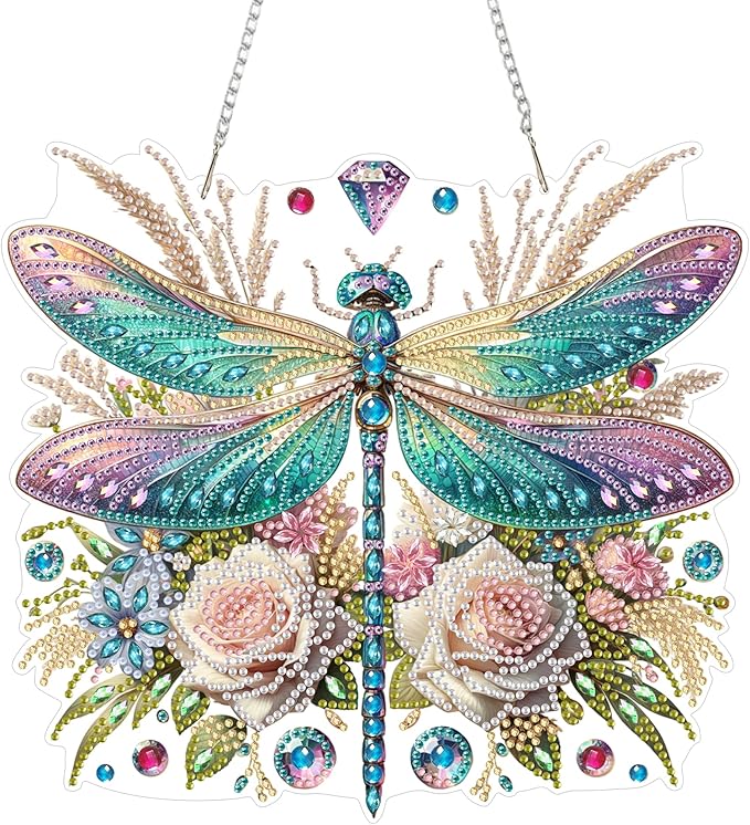 Yunzlly DIY Hanging Diamond Art Pendant Kit, Special Crystal Double Sided Diamonds Painting Ornament Kit for Adults, Acrylic Gem Painting Board for Window&Door&Wall (Dragonfly)