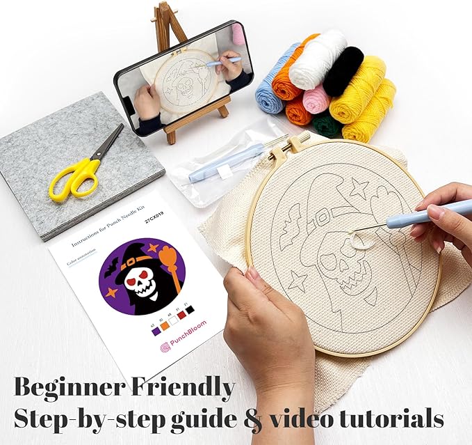 Halloween Punch Needle Kit for Adults Beginners, Easy Punch Embroidery Starter Set with Instruction, Fun DIY Needle Point Craft for Home Decor & Holiday Gift Idea(2pcs Skull Witch & Grim Reaper)