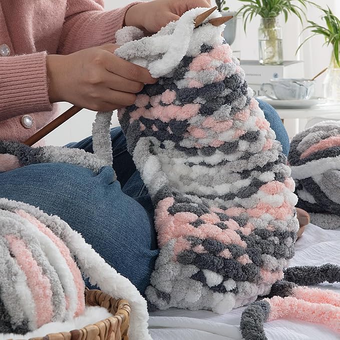 HOMBYS Chunky Tie Dye Mix Chenille Yarn for Hand Knitting, Super Bulky Jumbo Yarn for Crocheting, 3/4" Thick Soft Plush Yarn for Blankets, 8 Skein Pack (26 yds / 7.5 oz Each) Grey White Pink