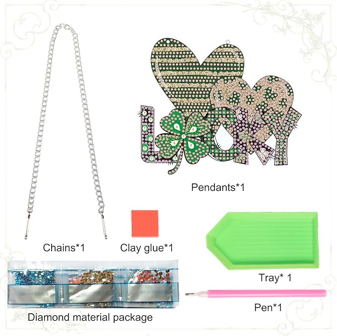 DIY Diamond Painting Hanging Ornament – St. Patrick’s Day Lucky Sign with Shamrock and Hearts, 5D Green Rhinestone Craft for Wall Door Festival Decor