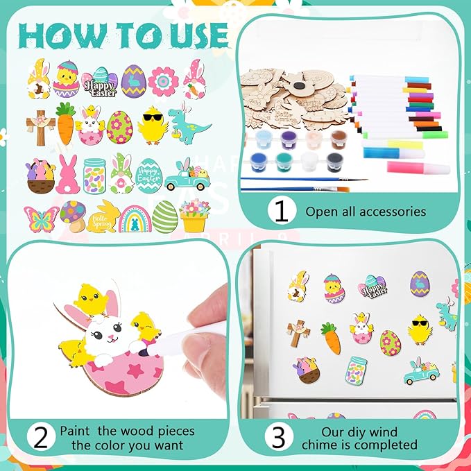 Relaxweex 24 Pcs Easter Spring Wooden Magnets Painting Craft Kit Glow in the Dark Spring DIY Art Crafts Supplies Fridge Magnets Coloring Kits for Easter Home Activities Gifts Party