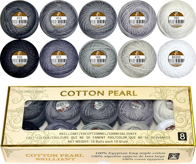 Double Mercerized Egyptian Long Staple Cotton Pearl Thread Ball 10 Grams Rainbow Color Embroidery Thread 10 Colors per Box for Crochet Hardanger Cross Stitch Hand Embroidery,Grey Series