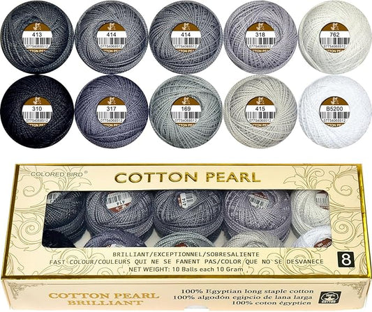 Double Mercerized Egyptian Long Staple Cotton Pearl Thread Ball 10 Grams Rainbow Color Embroidery Thread 10 Colors per Box for Crochet Hardanger Cross Stitch Hand Embroidery,Grey Series