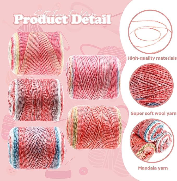 Timgle 5 Rolls Ombre Cake Yarn for Crocheting & Knitting, 3.5oz/100g 328yds Multicolor Self Striping Gradient Yarn, Soft 60% Cotton 30% Acrylic 10% Wool for Scarves Shawls Blankets Garments(Pink)