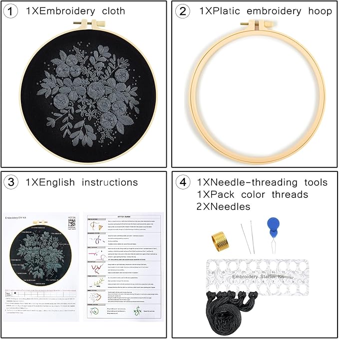 Crafmanoe Embroidery Kits for Beginners Adults, Black Flowers Embroidery Starter Kits, Counted Cross Stitch Kits for Beginners Adults Hobbies Set for Women, Embroidery Hoops, Thread and Video Tutorial