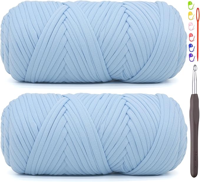 2 Pack Tshirt Yarn for Crocheting,Sky Blue T Shirt Chunky Elastic Fabric Thick T-Shirt Crochet Yarn for Beginners Crocheting Hand Knitting Bag/Basket/Coasters/DIY Crafts/Home Decor 2 * 200G(Sky Blue