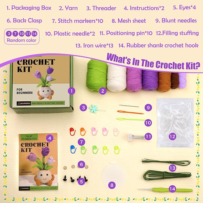 Nitlak Crochet Kit for Beginners, Tulip Potted Beginner Crochet Kit for Adults Kids Women Men, Crochet Starters Kit with Step-by-Step Video Tutorials, Complete Crochet Accessories for DIY Craft