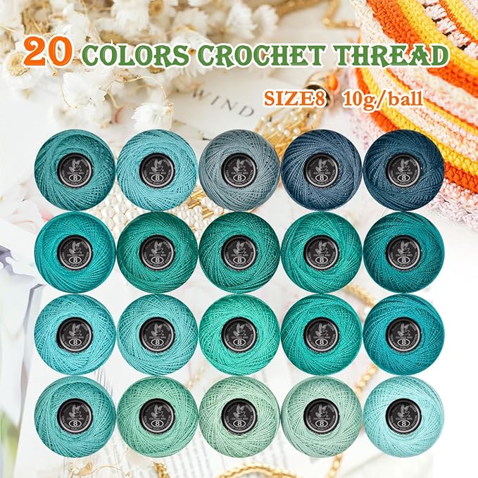 Soft 20 Colors Classic Crochet Thread 20 Pack,100% Cotton (Grey Green-926-563)