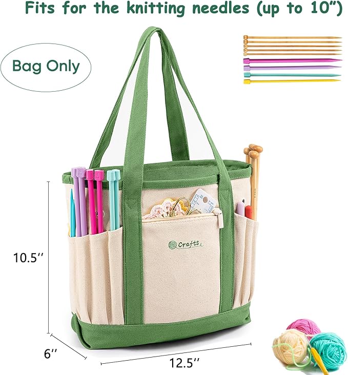 Canvas Yarn Storage Organizer Bag Washable Crochet Bag with Pockets for Yarn, Hooks, Needles – Travel Knitting Tote for Crafters – Gift for Crocheters & Knitters (Medium/Large)