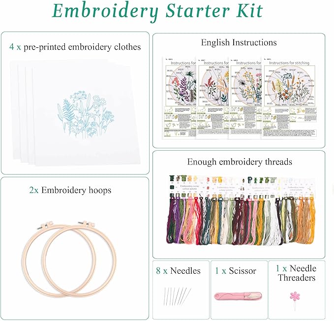 harimau 4pcs beginner embroidery kit,flower pattern,cross stitch kits, including stamped embroidery cloth with 2 embroidery hoops, multicolor color threads for embroidery kit