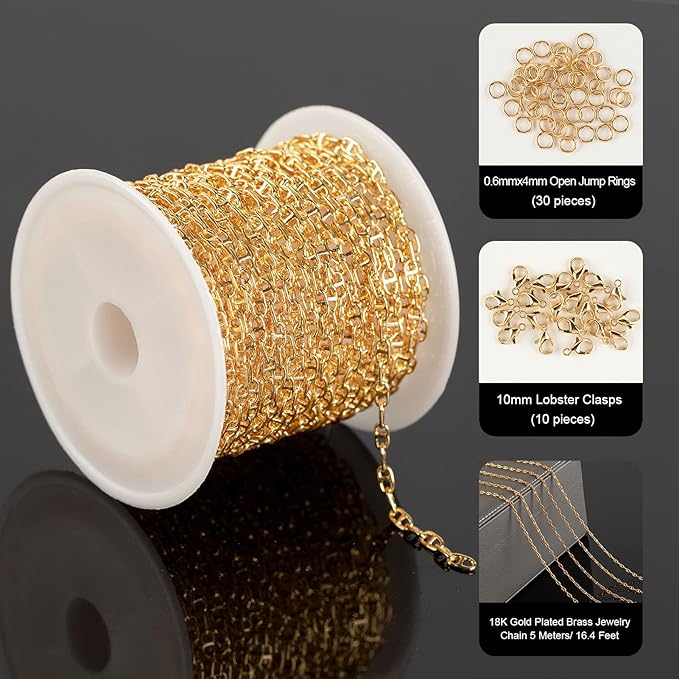 YOUBEIYEE 16.4 Feet Light Gold Jewelry Chain Bulk 18K Gold Plated Brass Chain Tiny Pig Nose Chain Necklace DIY Jewelry Chain Roll with Jump Rings and Lobster Clasps