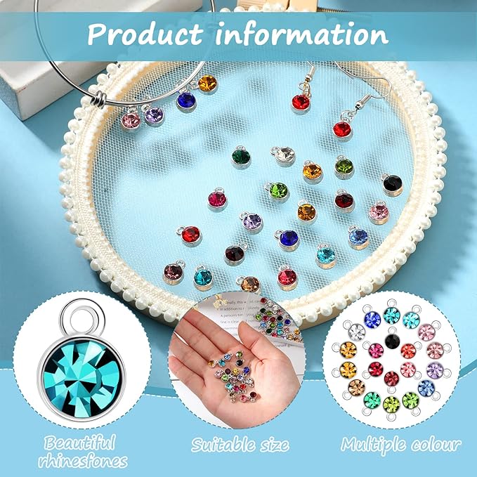 Sureio 80 Pieces Crystal Birthstone Charms with 200 Jump Ring Handmade DIY Beads Pendant Mixed Color Birthstones for Jewelry Making Round Charms for Bracelets Necklaces Jewelry Findings (Vivid Color)
