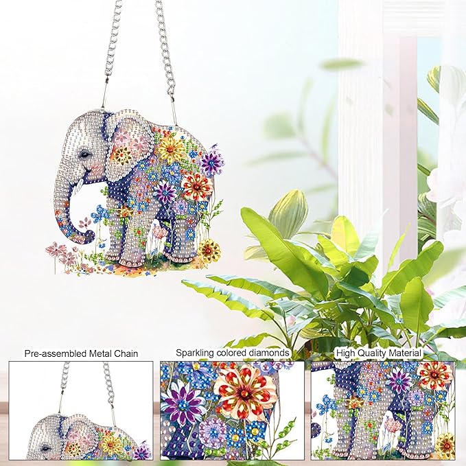 Elephant and Flowers Diamond Painting Hanging Kit – DIY Acrylic Pendant with 5D Special Shaped Rhinestones, Decorative Art Board for Wall, Door or Garden, Handmade Gift for Creative Decor Lovers