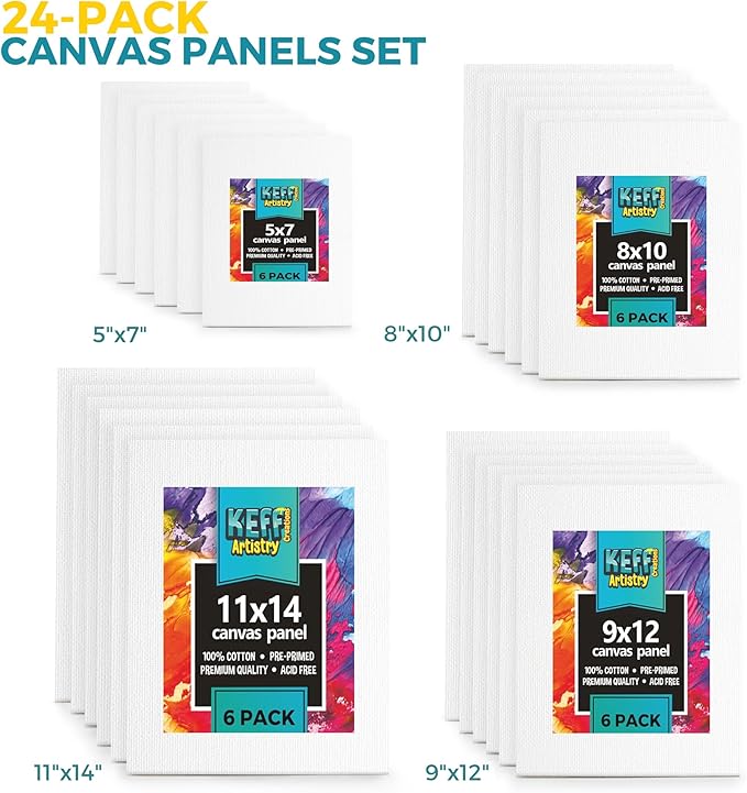 KEFF 24-Pack 𝗣𝗥𝗘𝗠𝗜𝗨𝗠 Canvas for Painting, 6 of 5x7, 8x10, 9x12,11x14 Painting Canvas Boards, Art Supplies for Adults & Kids - 100% Cotton Primed Canvases for Painting Acrylic, Oil, Watercolor