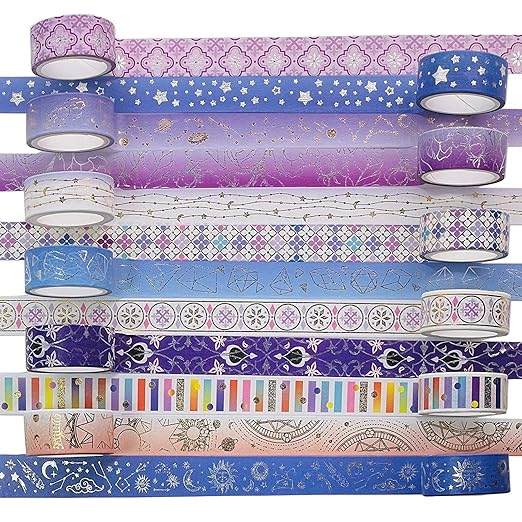 12 Rolls Galaxy Washi Tape Set Bronzing Starry Night Decorative Masking Tape for Scrapbooking, Journal, Planner, DIY Crafts, Gift Wrapping