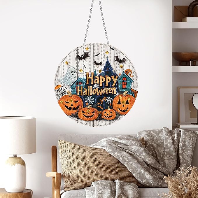 Pavemlo Hanging Diamond Art Kits for Adults Halloween Pumpkin – 8x8 Inch Double-Sided Acrylic Board DIY Crystal Diamond Suncatcher Pendant, Sparkling Home Wall or Window Decoration Handmade Gift