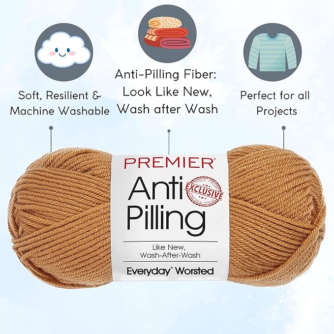 Premier Yarns Everyday Anti-Pilling Solid Caramel DN100-14 (3-Skeins - Same Dye Lot) #4 Worsted Weight Acrylic Yarn for Crocheting and Knitting with Project Bag