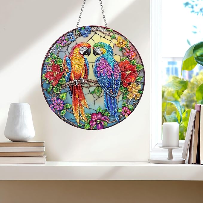 Wergund 5D DIY Parrot Diamond Art Hanging Kits, Hanging Diamond Art Bird, Acrylic Special Shaped Rhinestone, Window Hanging Pendants for Home Wall Garden Front Door Outdoor Decor Gift(Parrot)