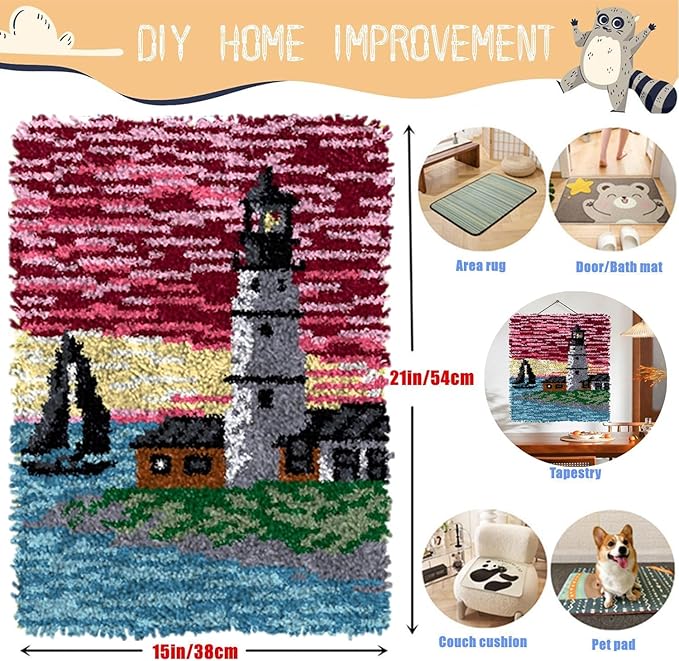 EMISTEM Latch Hook Kits for Adults - DIY Latch Hook Rug Kits, Crochet Kit for Beginners, Rug Making Kits with Printed Canvas, Gift Packaging.(Lighthouse and Sailboat, 20x15)