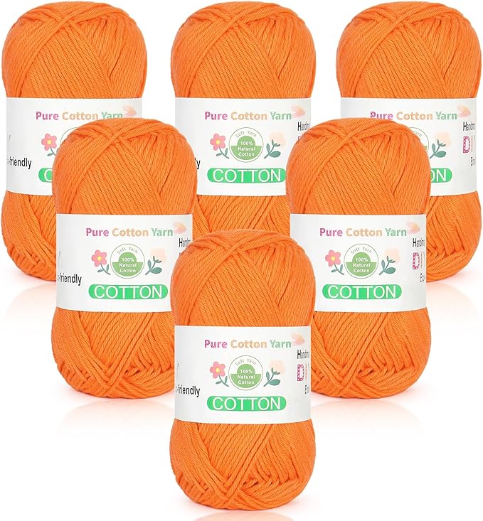 Katech Pure Cotton Yarn for Crocheting & Knitting–Soft Sport Weight CYC #2, 6 Skeins (50g Each, 300g Total), Ideal Crochet Yarn for Dishcloths, Baby Clothes, Socks, Lightweight Scarves（Orange）