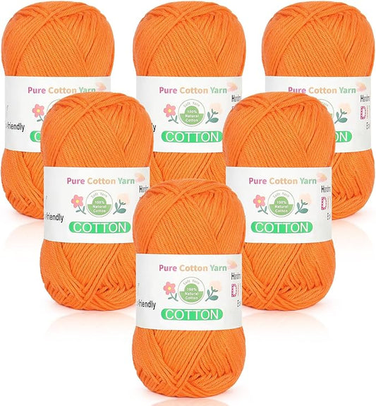 Katech Pure Cotton Yarn for Crocheting & Knitting–Soft Sport Weight CYC #2, 6 Skeins (50g Each, 300g Total), Ideal Crochet Yarn for Dishcloths, Baby Clothes, Socks, Lightweight Scarves（Orange）