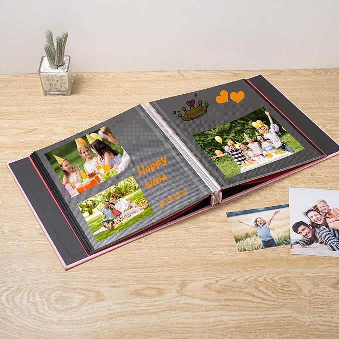 Large Photo Album Self Adhesive 4x6 8x10 10x12 13"x12.6" Scrapbook Album 12.6"x11" Inch 60 Black Sticky Pages Linen Cover Magnetic Photo Album with A Metallic Pen and DIY Stickers(Pink)