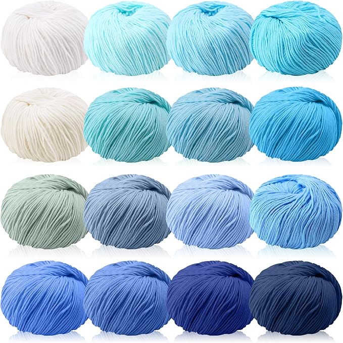 16 Skeins Cotton Yarn for Crocheting Knitting Soft Fine Clothes Cotton Blankets Yarn Bulk Assorted Colors for DIY Craft, Each 50g/185yard, 16 Colors(Blue Series)