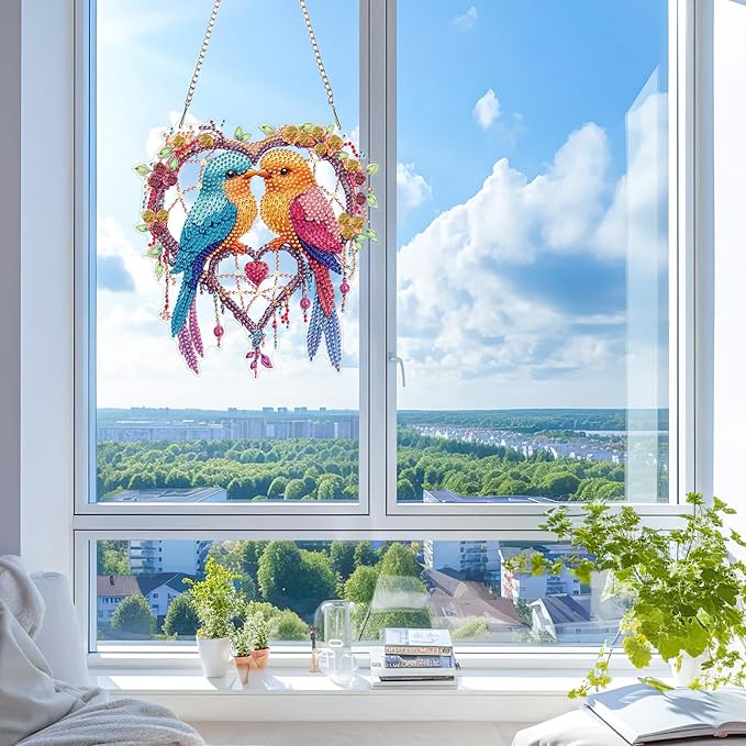 KEYIFA Bird Diamond Painting Kit, DIY Dreamcatcher Diamond Art for Adults, Diamonds Pendant Special Shaped Rhinestone Window Hanging Ornaments Home Garden Wall Door Decoration, 20cm Width