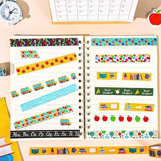 Whaline 12 Rolls Back to School Washi Tape First Day of School Colorful Washi Masking Tape Apples Book School Bus Decorative Paper Adhesive Stickers for Scrapbook Gift Wrapping DIY Art Crafts, 16.4Ft