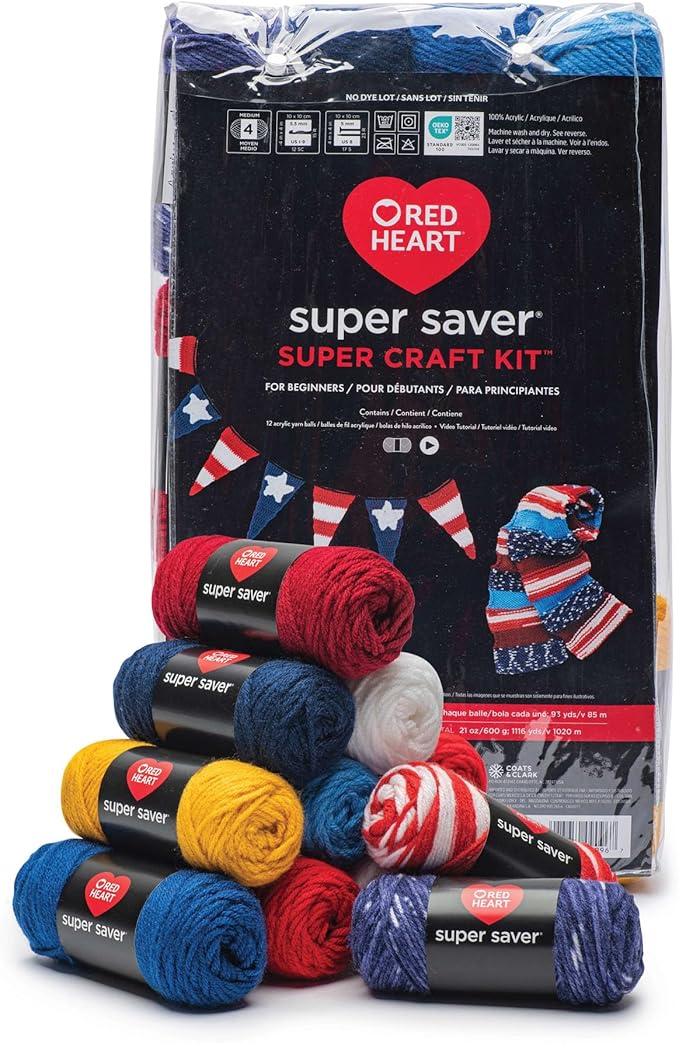 Red Heart Super Saver Yarn Super Craft Kit America, with 12 Pack of 50g/1.7 oz. 4 Medium Worsted Yarn for Knitting & Crocheting, 12 Colors, Perfect for Chunky Sweaters, Blankets, Amigurumi