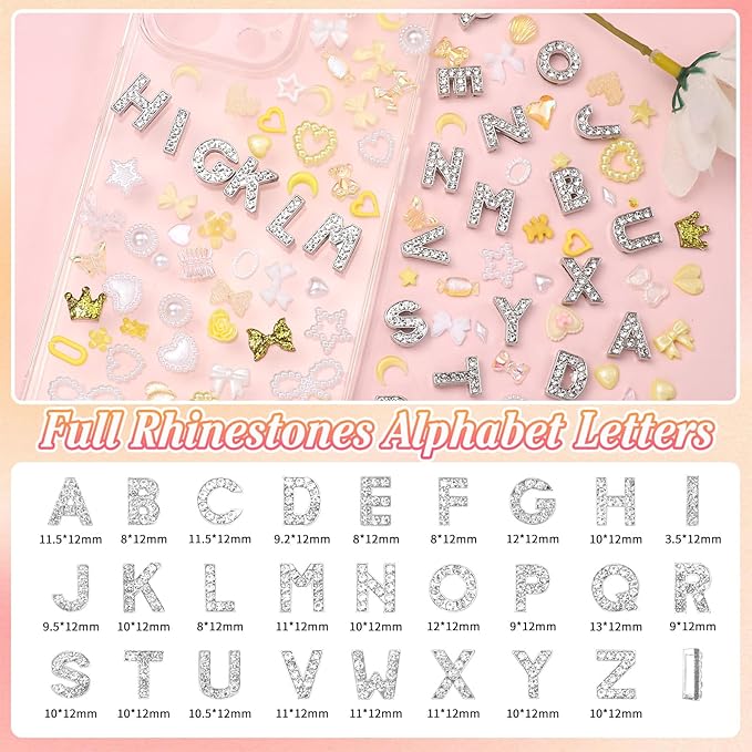 330 Pcs Junk Phone Case Charms 26 Pcs A-Z Rhinestone Alphabet Letter Charm, Mix Yellow Flower Bow Heart Pearls Flatback Resin Charms Letter Junk Cases Kit for DIY Crafts
