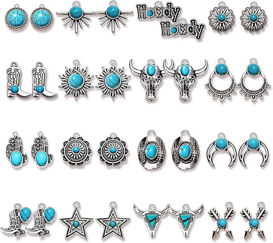 NVENF 32PCS Western Charms for Jewelry Making, Synthetic Turquoise Vintage Cactus Heart Flower Lightning Cowboy Boot Pendant for Bracelet Necklace Earring DIY Crafts