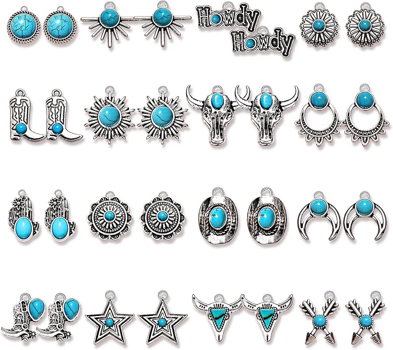 NVENF 32PCS Western Charms for Jewelry Making, Synthetic Turquoise Vintage Cactus Heart Flower Lightning Cowboy Boot Pendant for Bracelet Necklace Earring DIY Crafts