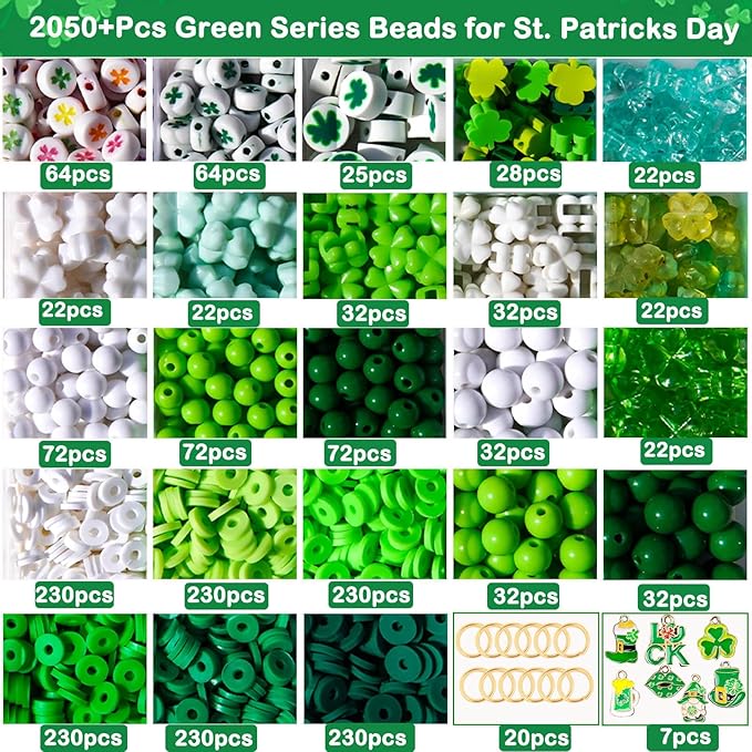 2050+Pcs St. Patricks Day Jewelry Making Kit – Irish Shamrock & Four Leaf Clover Charms Green Polymer Clay Heishi Acrylic Round Beads for DIY Bracelets Necklaces Earrings Craft - Party Favors & Gifts
