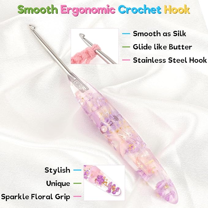 Katech 3.5mm Crochet Hook for Arthritic Hands, Hand-Polished Stainless Steel Ergonomic Crochet Hooks with Customized Sparkle Dried Floral Grip, Soft Tapered Hook-Crochet Gift for Beginner & Crocheter