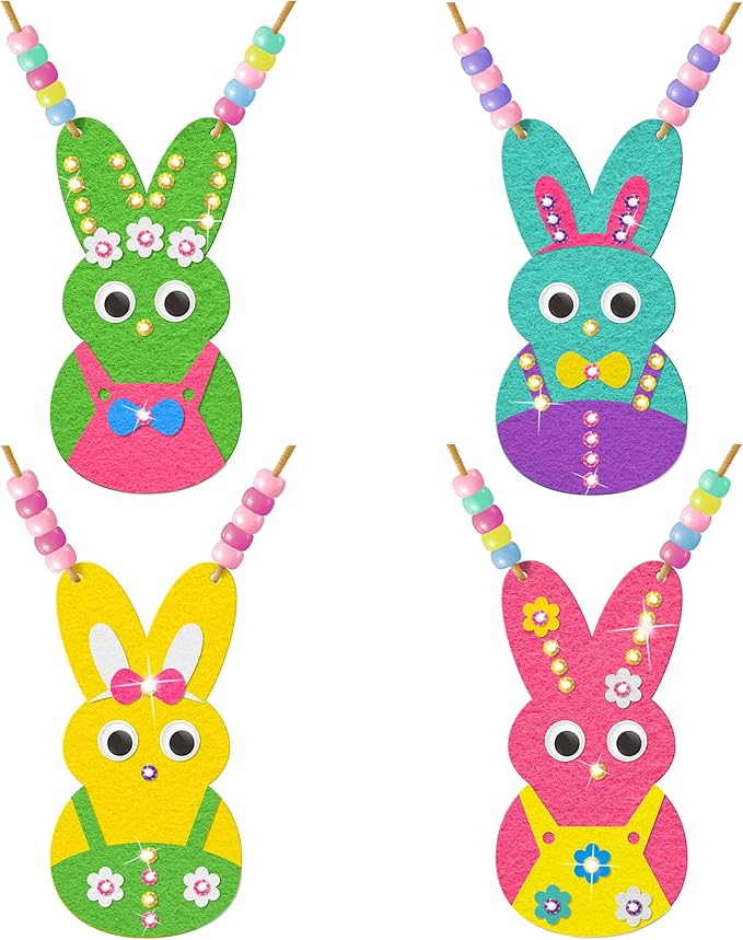 BeYumi Easter Necklace Craft Kit - 24Pcs Easter Bunny Peeps Felt Necklace Making Kits with Beads and Gem Sticker DIY Rabbit Craft for Kids Sunday School Home Classroom Gift Party Favor Fun Activities