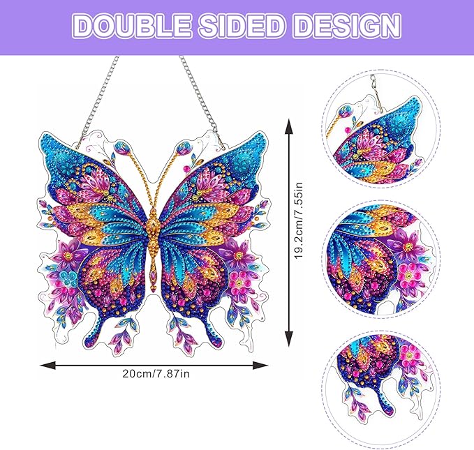 Lxmsja DIY Butterfly Diamond Painting Hanging Ornament, Double-Sided Acrylic Glitter Flowers Diamond Art Kit, Special Shaped Suncatcher Hanging Pendant Window Art Kit 8x8 inch