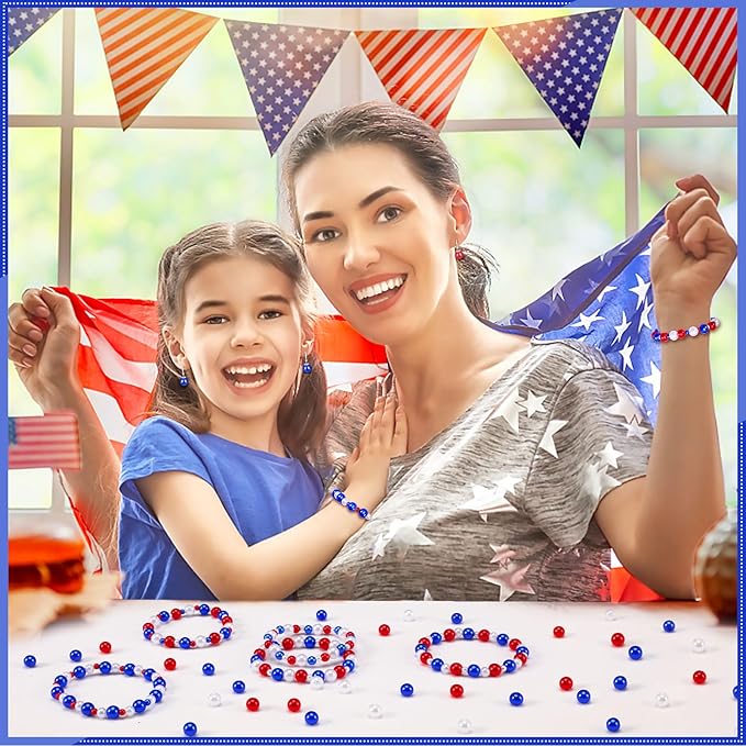 UPINS 1200Pcs Red White Blue Beads,8mm 4th of July Beads Independence Day Patriotic Pearl Beads for Jewelry Making Party Decoration Necklace Bracelets Earrings Hair Beads DIY Crafts Supplies